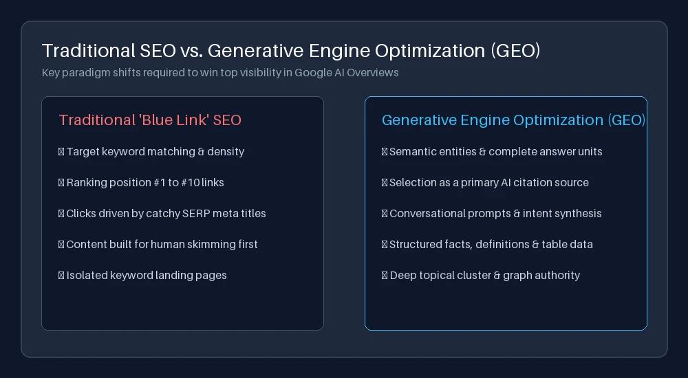 Comparison matrix between traditional search engine optimization and generative engine optimization GEO