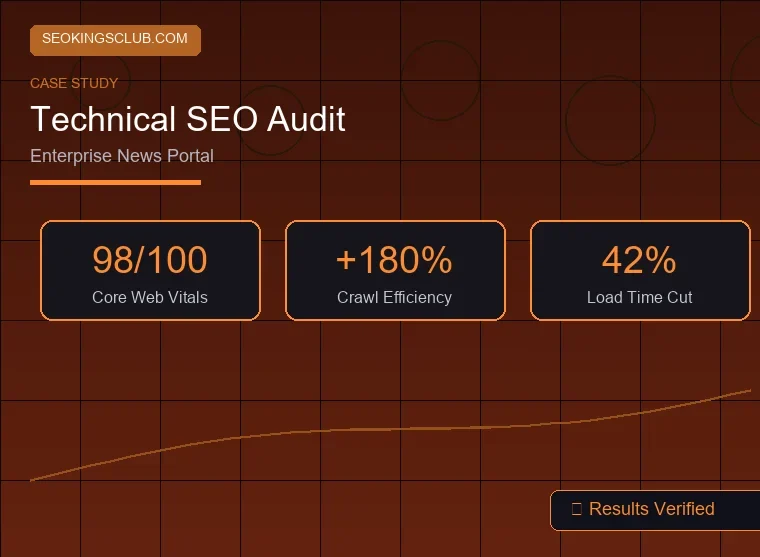 SEOKingsClub Technical SEO audit case study - enterprise news portal with 98/100 CWV score